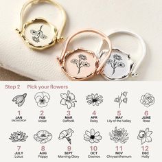 Our personalized rings can bring you together with the blooming flowers of your family. This ring can engrave 1-4 flowers and is the best gift for celebrating Christmas, Mother's Day, Halloween, family, mother daughter, couple, mother son, best friend or bridesmaid relationships. It can not only carve flowers on the front, but also simple phrases such as "I love you" and "love you" on the back, with a character limit of 10. Material: High-Quality 925 Sterling Silver Color: Silver, Gold, Rose Gol Simple Phrases, Flowers Ring, Halloween Family, Floral Ring, Mother Son, Christmas Gift For Her, Personalized Rings, Birth Flower, Birth Month