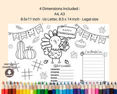 a coloring page for thanksgiving with a turkey and pumpkins on it, surrounded by colored pencils