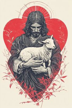 jesus holding a lamb in front of a heart