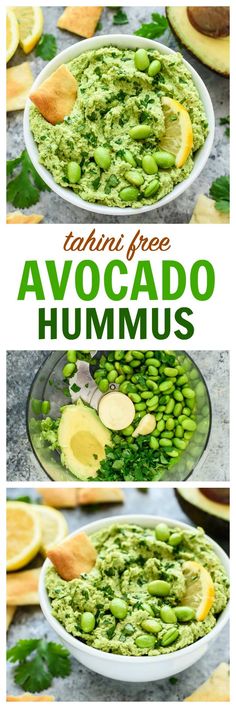 avocado hummus in a bowl with lemons and cilantro