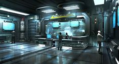 a sci - fi space station with two people standing in front of the doors and looking at monitors