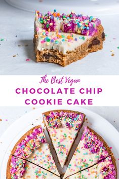 the best vegan chocolate chip cookie cake with white frosting and sprinkles