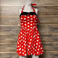 Hell Bunny Doris Dress Red With White Polka Dots, Black Collar & Ribbon Waist Tie Full Elastic Back, Side Zip, Halter Tie Waist: 24" Pit To Pit: 14" Brand New With Tags Fitted Polka Dot Mini Dress For Beach, Red And White Polka Dot Dress, Fitted Polka Dot Beach Dress, Polka Dot Pinup Dress For Summer, Red Poke Dot Dress, Summer Pinup Polka Dot Dress, Sleeveless Polka Dot Mini Dress, Red Tartan Dress, Summer Polka Dot Pinup Dress