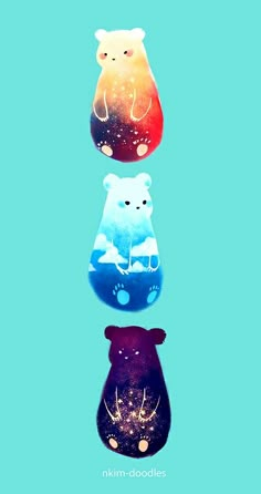 three bears sitting on top of each other in the sky with stars and clouds above them