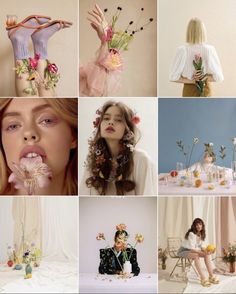 a collage of photos with flowers and woman's face in different stages of making faces