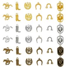 many different types of metal charms on a white background with clippings for each one