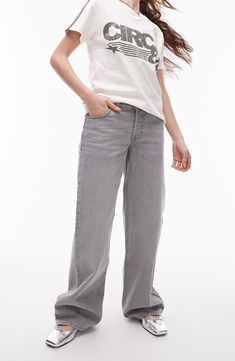 Low-slung nonstretch jeans are cut with puddling cuffs and turned to a dreamy shade of ultralight grey. 30" inseam; 21" leg opening; 10" front rise; 13 1/2" back rise (size 32) Zip fly with button closure Five-pocket style 100% cotton Machine wash, line dry Made in Turkey Gray Flare Jeans With Five Pockets, Spring Gray Denim Flare Jeans, Spring Gray Flare Denim Jeans, Gray Jeans With Five Pockets For Spring, Gray Five-pockets Jeans For Spring, Gray Five-pocket Jeans For Spring, Everyday High Rise Gray Bottoms, Gray Jeans For Spring, Gray Mid-rise Relaxed Fit Jeans