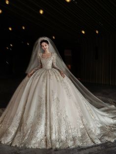 a woman wearing a wedding dress with a veil on her head and gown in the background