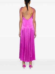 This silk maxi dress features a V-neck, adjustable spaghetti straps, sleeveless, a scoop back, a flared calf-length silhouette, and a straight hem. The dress is made of silk satin with ruffled detailing. Pink Tie Back Slip Dress For Party, Purple Satin V-neck Slip Dress, Pink Backless Satin Dress For Summer, Purple Silk Satin Evening Dress, Purple Sleeveless Silk Satin Dress, Purple Sleeveless Satin Finish Dress, Purple Satin Sleeveless Dress, Purple Silk Evening Slip Dress, Purple Silk Slip Dress For Evening