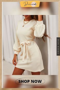 Elegant Fashiona Women's Dress At Home Autumn New Solid Lantern Sleeves Belted Mini A-line Dresses Casual Women Clothing Elegant Non-stretch Mini Sweater Dress, Dress At Home, A Line Dresses, Color Pick, Waist Dress, Dresses Casual, Lantern Sleeves, Women's Dress, White Lace