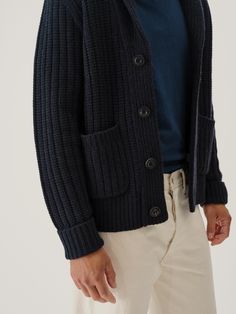 A classic shawl collar cardigan in a chunky, substantial wool yarn that’s soft to the touch. | Buck Mason Men's Herdsman Shawl Cardigan in Dark Navy, Size XS Classic Merino Wool Cardigan With Shawl Collar, Classic Knit Outerwear With Shawl Collar, Classic Winter Chunky Knit Cardigan, Classic Wool Chunky Knit Cardigan, Classic Knit Winter Cardigan, Wool Chunky Knit Cardigan For Work, Chunky Knit Wool Cardigan For Work, Classic Chunky Knit Winter Outerwear, Classic Chunky Knit Outerwear For Winter