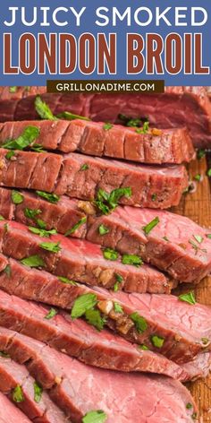 slices of juicy smoked london broil on a cutting board