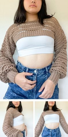 the woman is wearing a cropped sweater and denim shorts with her hands on her hips