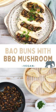 bao buns with bbq mushroom in a bowl and on a plate next to other foods