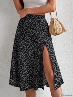 Orcajump - Floral Printed Asymmetrical Hemline Midi Skirt Flowy Floral Print Skirt With Asymmetrical Hem, White Floral Print Asymmetrical Skirt, Casual Midi-length Skirt With Floral Print, Asymmetrical Hem Floral Print Skirt, Non-stretch Floral Print Midi Skirt, Irregular Skirt, Black Midi Skirt, Maxi Skirts, Floral Printed