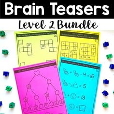 three different colored puzzles with the text brainteazers level 2 bundle on top of them