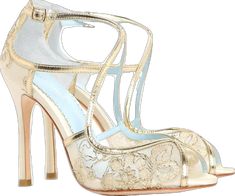 a pair of high heeled shoes with gold and blue lace on the side,