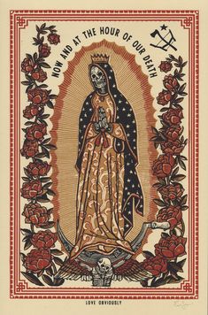 an image of the virgin mary with flowers around her and text that reads, our lady of the hour of birth