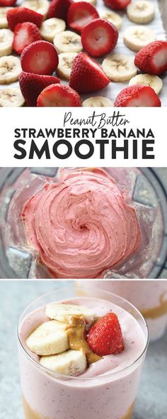 strawberry banana smoothie in a blender with bananas and strawberries