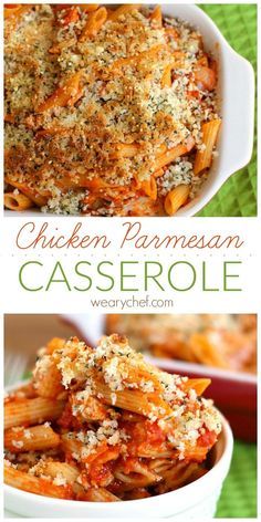 chicken parmesan casserole in a white bowl with cheese on top and another side dish