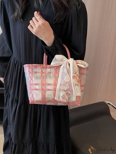 BirdinBag - Chic Vacation Top Handle Bag with Braided Design and Twilly Scarf Decoration Feminine Summer Bags For Gifts, Feminine Summer Gift Bags, Feminine Rectangular Summer Bag, Elegant Pink Beach Bags, Elegant Pink Shoulder Bag For Beach, Vacation Bag, Vacation Accessories, Twilly Scarf, Vacation Tops