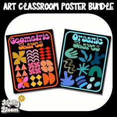 two posters with the words art classroom poster bundle written in black and colorful graphics on them