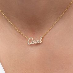 This 14k personalized diamond name necklace is the perfect gift for the bridal party, someone special, or yourself. How to order 1- Pick the fonts you like and send us a message 2- We will send you a picture of your name with the fonts you chose 3- If you like it any of them, place your order. 4- We send a final 3d mock up for approval. 5- Once approved we go ahead and finish your necklace. __________________________________________ M A T E R I A L & L E N G T H Available in 14k Yellow Gold, 14k Personalized Classic Diamond Necklace With Initial Pendant, Custom Classic Necklace For Anniversary, Diamond Initials Name Necklace As Gift, Diamond Initials Name Necklace For Gift, Classic Personalized Diamond Necklace For Anniversary, Personalized Classic Diamond Necklace For Anniversary, Elegant Diamond Name Necklace With Custom Name, Classic Diamond Initials Name Necklace, Elegant Nameplate Necklace With Diamond Accents