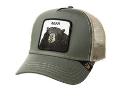 Goorin Brothers Animal Farm Snap Back Trucker Hat - Caps : Olive Drew Bear : Keep adding to your collection with the wild assortment of the Goorin Brothers Animal Farm Snap Back Trucker Hat. Part of the Animal Farm Collection from Goorin Brothers. Cotton canvas trucker hat with mesh back. Embroidered animal patch. Curved brim. Adjustable snapback closure. Goorin Brothers logo tag detailing. Interior sweatband for comfortable all-day wear. 57% polyester, 43% cotton. Spot clean only. Imported. Mea Casual Outdoor Trucker Hat With Embroidered Patch, Outdoor Trucker Hat With Patches, Trucker Style Baseball Cap With Patches For Outdoor, Trucker Baseball Cap With Patches For Outdoor, Farm Snap, Olive Hat, Cap Drawing, Goorin Bros, Animal Farm