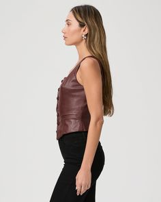 Crafted from our soft stretch faux leather, this sleeveless dark brown vest top is fitted throughout the body with front princess seams, a square neckline, a front notch, and welt pockets. | Irene Vest Top - Rum Raisin Faux Leather | Size 10 Designer Jeans For Women, Rum Raisin, Brown Vest, Men Store, Button Front Top, Princess Seams, Front Tie Top, Paige Denim, Designer Jeans