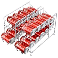 coca - cola cans are stacked in a metal rack on white background, 3d rendering