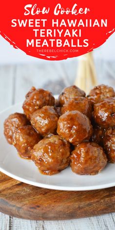 sweet and sour hawaiian meatballs on a white plate with chopsticks in the background