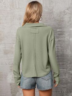 Lasaky - Sensual Long-Sleeved Clothing Ensemble Collared Loungewear Tops For Fall, Collared Fall Loungewear Tops, Versatile Long Sleeve Solid Color Top, Non-stretch Fall Tops, Non-stretch Solid Color Tops For Fall, Green Non-stretch Tops For Winter, Versatile Solid Color Long Sleeve Top, Versatile Long Sleeve Winter Blouse, Fall Loungewear Solid Color Blouse