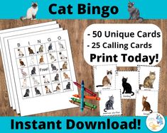 the printable cat bingo game is shown with cats and pencils in front of it