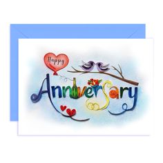 an anniversary card with birds and hearts