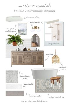 a bathroom design board with white walls and wood furniture, including a tub, sink, mirror