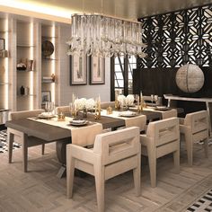 an elegant dining room with chandelier and chairs