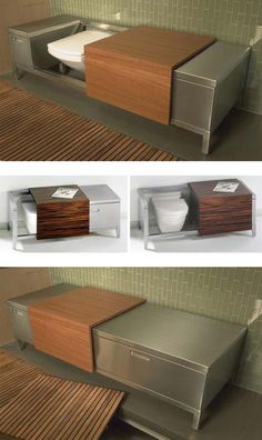 three different views of a modern kitchen with wood and stainless steel furniture, including a microwave