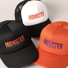 Momster Letter Embroidered Mesh Back Trucker Hat, Stylish Trucker Hat for Halloween, Outdoor Casual Mesh Back Cap, Adjustable Foam Hat. This custom embroidery baseball cap is the perfect choice for everybody! Perfect for dog walking, the beach, the gym, the pool, and everyday wear!  It's fully adjustable and easy to style!   Detail & Features 🧢 ** - "MOMSTER" Embroidery Design  - 5 Panel Mesh Back Trucker Hat  - Perfect Hat for Halloween - 100% Cotton *One Size Fits All - Adjustable Snapback Ma Cheap Mesh Trucker Hat One Size, Black Snapback Trucker Hat For Halloween, Casual Adjustable Trucker Hat For Halloween, Halloween Snapback Baseball Cap For Streetwear, Halloween Adjustable Snapback Baseball Cap, Casual Halloween Trucker Hat Baseball Cap, Halloween Snapback Baseball Cap, Casual Halloween Trucker Hat For Streetwear, Black Halloween Trucker Hat