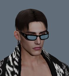 a man with sunglasses on his face wearing a black and white jacket, shirtless torso