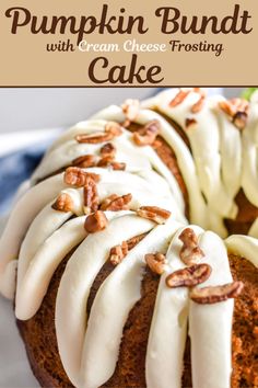 a pumpkin bundt cake with cream cheese frosting and pecans on the top