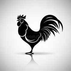 black and white silhouette of a rooster on a gray background with reflection in the foreground