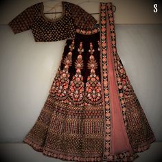 Design is thinking made visual. Burgundy velvet lehenga with intricate aari, resham and zardosi details. Burgundy Velvet, Burgundy Color, Velvet, Women's Top, Pink