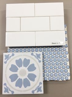 three different tile designs on top of each other, one blue and the other white