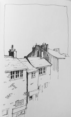 an ink drawing of some buildings in the distance with one building on it's roof