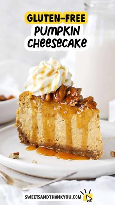 This easy gluten-free pumpkin cheesecake recipe is perfect for pumpkin season! We combine spiced graham crust, luscious pumpkin filling, and a few fun toppings for a stunning pumpkin dessert that's sure to impress. Try it at Thanksgiving or Christmas as a fun alternative to pumpkin pie. Get the recipe and more gluten-free cheesecake recipes to try at Sweets & Thank You Pumpkin Pecan Cheesecake, Gluten Free Pumpkin Cheesecake, Gluten Free Christmas Desserts, Gluten Free Pumpkin Recipes, Pumpkin Cheesecake Recipes