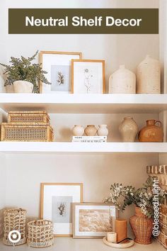 the shelves are filled with vases, pictures and other decorative items in baskets on them