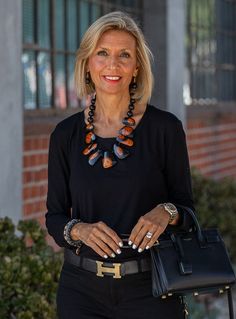 This Black Rust Geometric Statement Necklace And Earring Set is a statement piece Made of acrylic geometric pieces in black and rust combo The necklace is lightweight Matching bead earrings as a set Material: Acrylic beads, Gold tone chain Lobster closure in the back with 3" chain extenstion Necklace length from neck to bottom 6" Chic Black Jewelry For Workwear, Chic Black Jewelry For Work, Black Jewelry For Work, Scarf Sale, Just Style, Scarf Poncho, Chunky Beads, Necklace And Earring Set, Blazer Vest