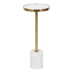 a white marble and brass pedestal with a round glass top