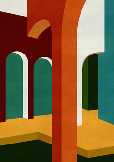 an abstract painting with arches and flooring in red, orange, green, yellow and blue