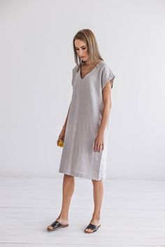 HELEN V Neckline Linen Dress Grey Summer Dress | Etsy Spring Short Sleeve Flax Linen Dress, Spring Linen Dress In Flax Color With Short Sleeves, Relaxed Fit V-neck Linen Dress, Short Sleeve Flax Dress For Summer, Relaxed Fit V-neck Linen Dress For Summer, Relaxed Fit Linen V-neck Dress For Summer, Summer V-neck Relaxed Fit Linen Dress, Flax Colored Short Sleeve Summer Dress, Flax Short Sleeve Summer Dress